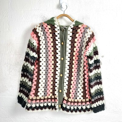 Handmade Womens Jacket Cardigan Size M  Green/Pink/Ivory/Brown Crochet Hooded