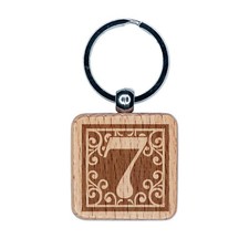 Monogram Swirls Number 7 Seven Engraved Wood Square Keychain Tag Charm