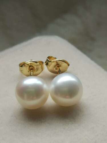 Belle boucle d'oreille 6-7 mm AAA blanc naturel akoya perle or jaune 14K - Photo 1 sur 5