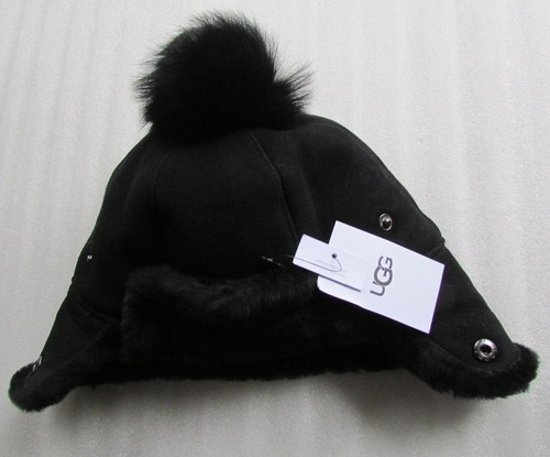 UGG Hat Up Flap Shearling Pom Aviator Water Resistant Trapper New Black $190 - Picture 2 of 14