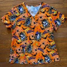 Disney Mickey Mouse Happy Hauntings Halloween Scrub Top Medical Uniform Size L