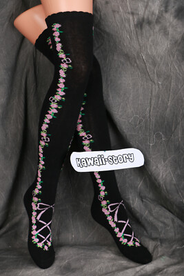 So-56 Nero Rosa Rose Fiori Fiocco Lolita Calzini Calze Coscia