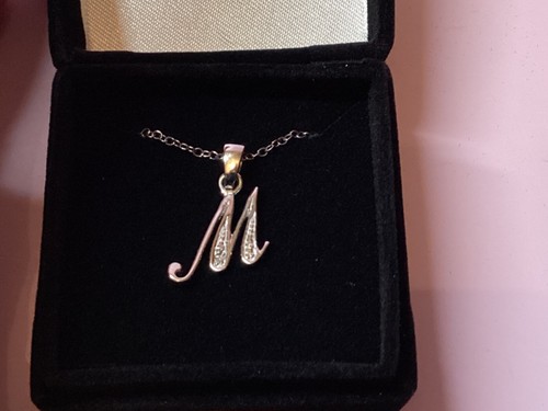Avon sterling silver diamond accent initial necklace in velvet box “M” new - Picture 2 of 7