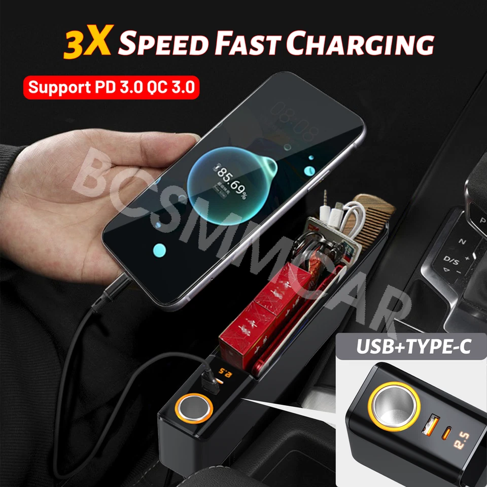 Car Seat Gap Filler Organizer Storage Box USB Charger Cigarette Lighter Socket Foto 3 de 4