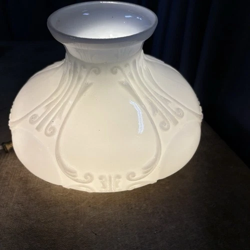 RARE Antique EMBOSSED Opal Milk Glass Lamp Shade 7” Fitter Art Nouveau Aladdin ?