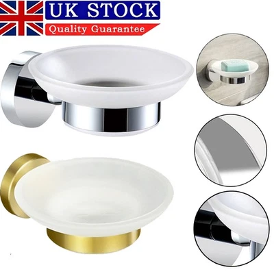 Soap Dish Holder Wall Mounted Bathroom Accessory Modern Round Chrome White Glass