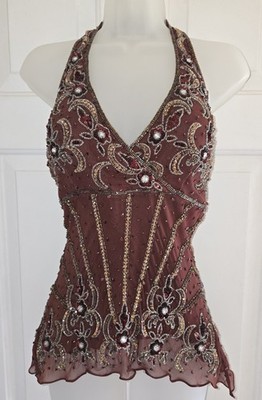 Glamour Costume Halter Top XS Brown Beaded Sequin Art Deco Style Dance/Stage NWT