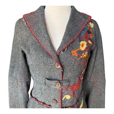 Hendi Y2K Gray Floral Embroidery Blazer Jacket Wool Women s Size Small