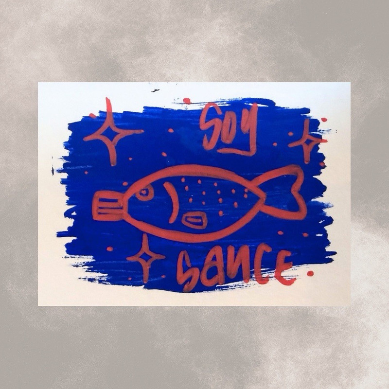 ACEO Original Soy Sauce Fish Blue and Red Stars Food Acrylic Paint Marker