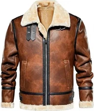 Men’s Shearling Leather Aviator Jacket, Vintage Bomber Style