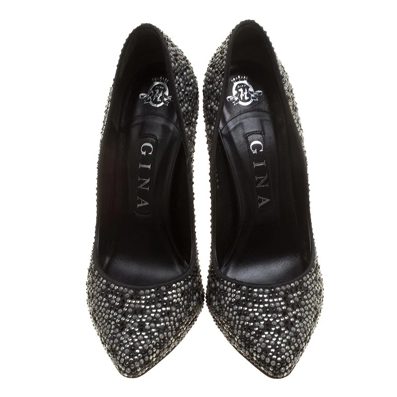 Gina Black Satin Anais Crystal Embellished Pumps Size 38 - Image 3 of 4