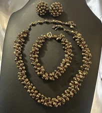 VTG Alice Caviness Chocolate Beaded Set Necklace Bracelet Clip Earrings Signed