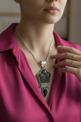 Großer Vintage Sterlingsilber Jaspis, Biwa Perle & Onyx Anhänger +20'' Schlangenkette