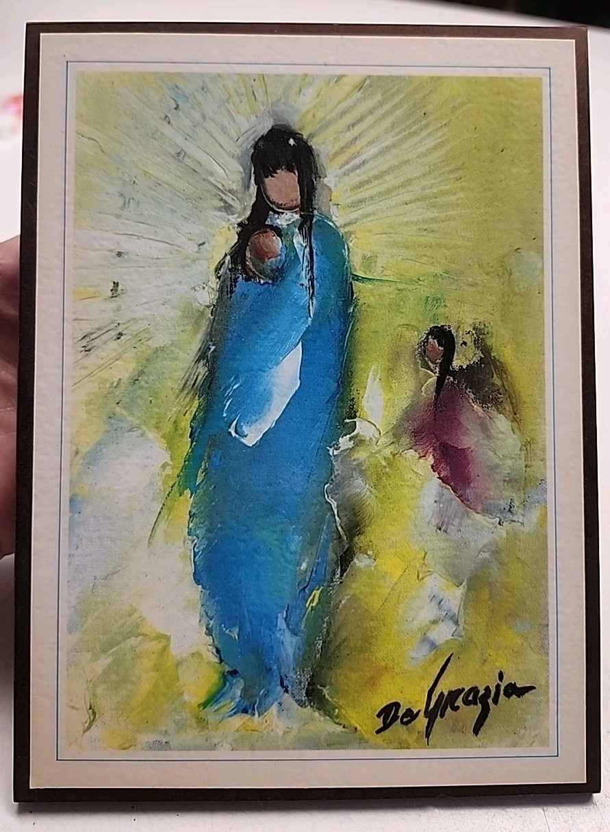 Vintage De Grazia Madonna With Angel Painting Wooden Plaque Wall Hanging