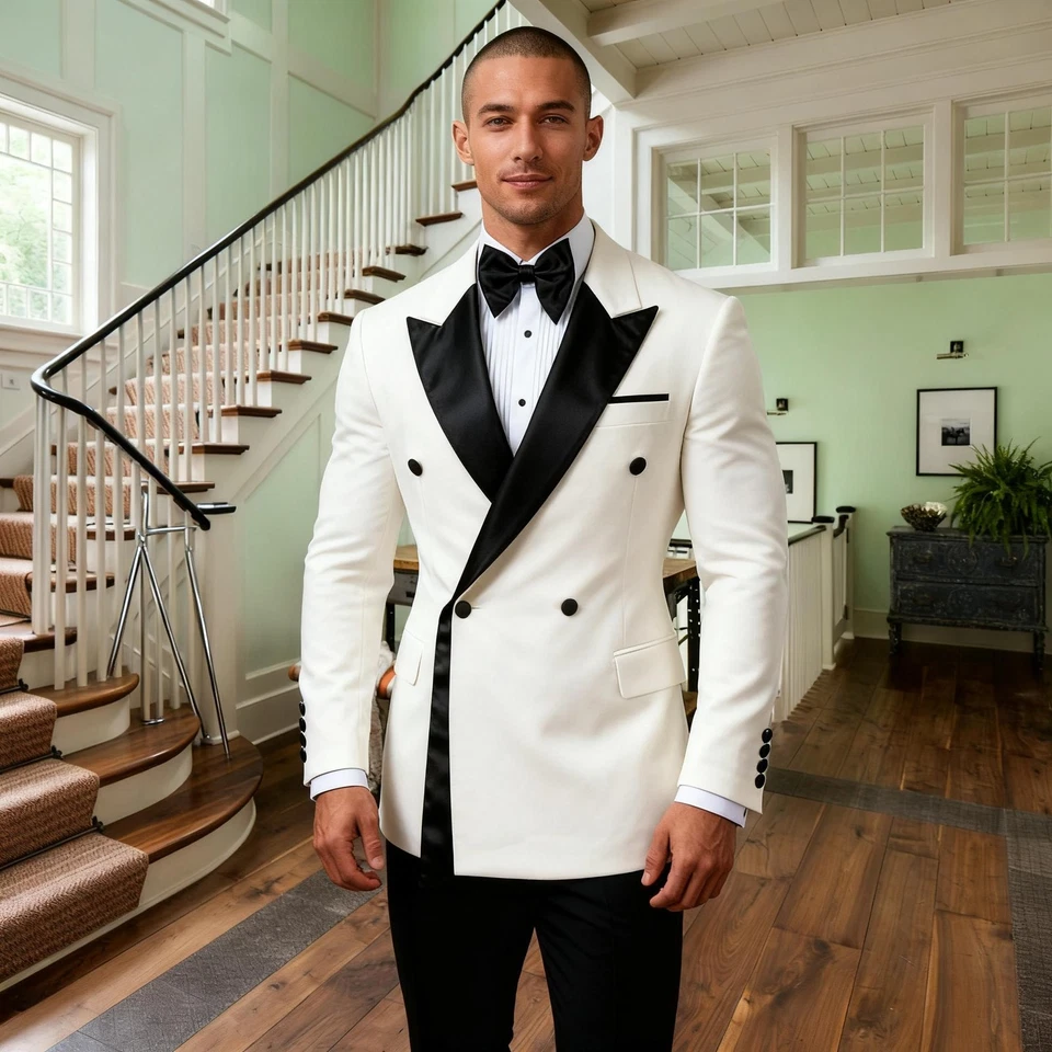 Men's Fashional White Wedding  Business Suit Double Breasted Formal Blazers Slim - Image 4 of 4
