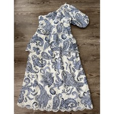 FARM Rio Anthropologie One Shoulder Eyelet Mini Dress XS Blue White Motif NWT