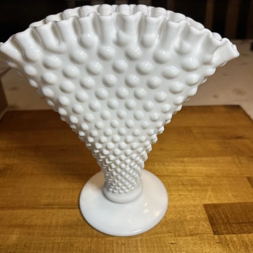 Fenton Hobnail Fan Vase 1960s White Milk Glass Crimped Edge Footed #56