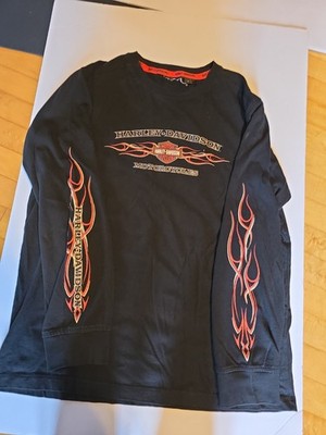 Harley Davidson Mens Large Long Sleeve W/flames Dbl Sided Black/Orange Torn Tag