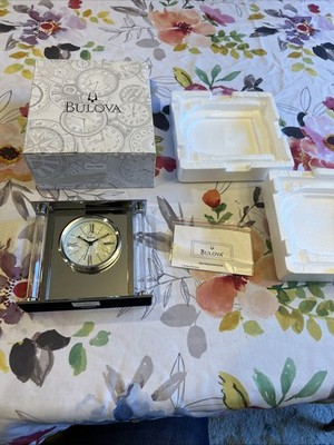 Bulova Table Clock Solid Silver Metal Case Non-Ticking Roman Numerals 6.13 in. H