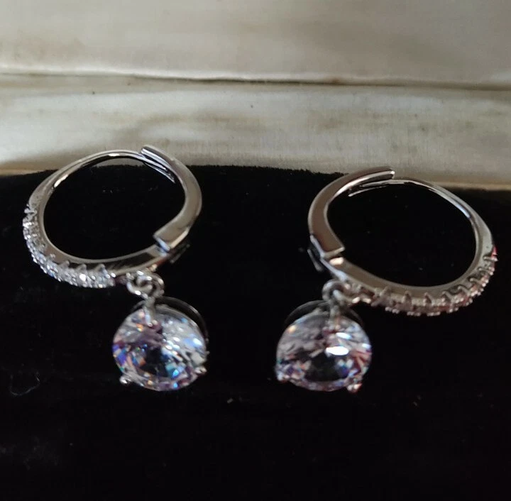 Vintage Art Deco Inspired Crystal Hoop Drop Dangle Silver 925 Earrings - Image 3 of 4