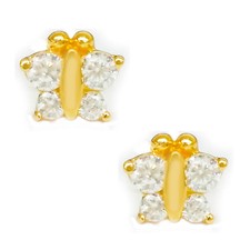 14k Real Yellow Gold Butterfly Post Stud Screw Back CZ Earrings Kids Small