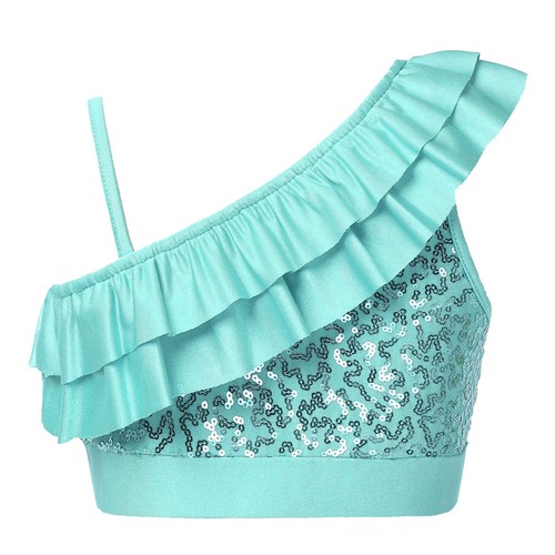 Girls Sequined Ruffled Ballet Dance Crop Top Modern Jazz One Shoulder Cami Vest - Picture 42 of 66