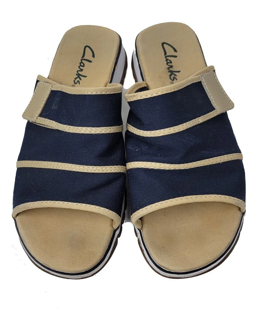 Sandali Clarks donna 8 W slide flat blu navy tan tela punta aperta casual slip on