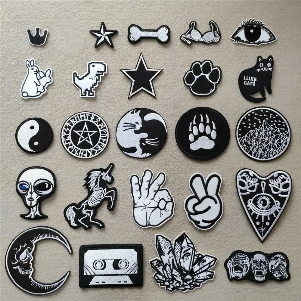 Many Styles Cool Black And White Embroidery Patches Iron Sew On Clothes  Badges