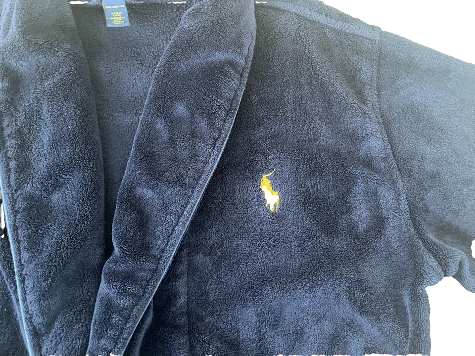 POLO Ralph Lauren Azul Marino Felpa Bata de Baño Para Hombres S/M Chal Cuello Dorado Poni Foto 3 de 4