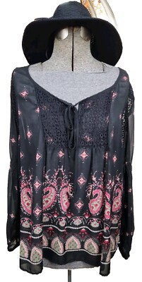  Love Squad Women's Plus Sz 3X Black / Tan Red sheer blouse Summer Cool Flowing 