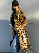 Winter Women Long Warm Thick Leopard Print Faux Fur Coat Loose Jackets Outwear
