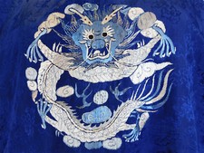 Antique Chinese Blue Silk Damask Weave Brocade Embroidered Longpao Dragon Robe