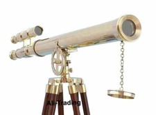 Nautical Brass Floor Standing Double Barrel Telescope With Wooden Tripod