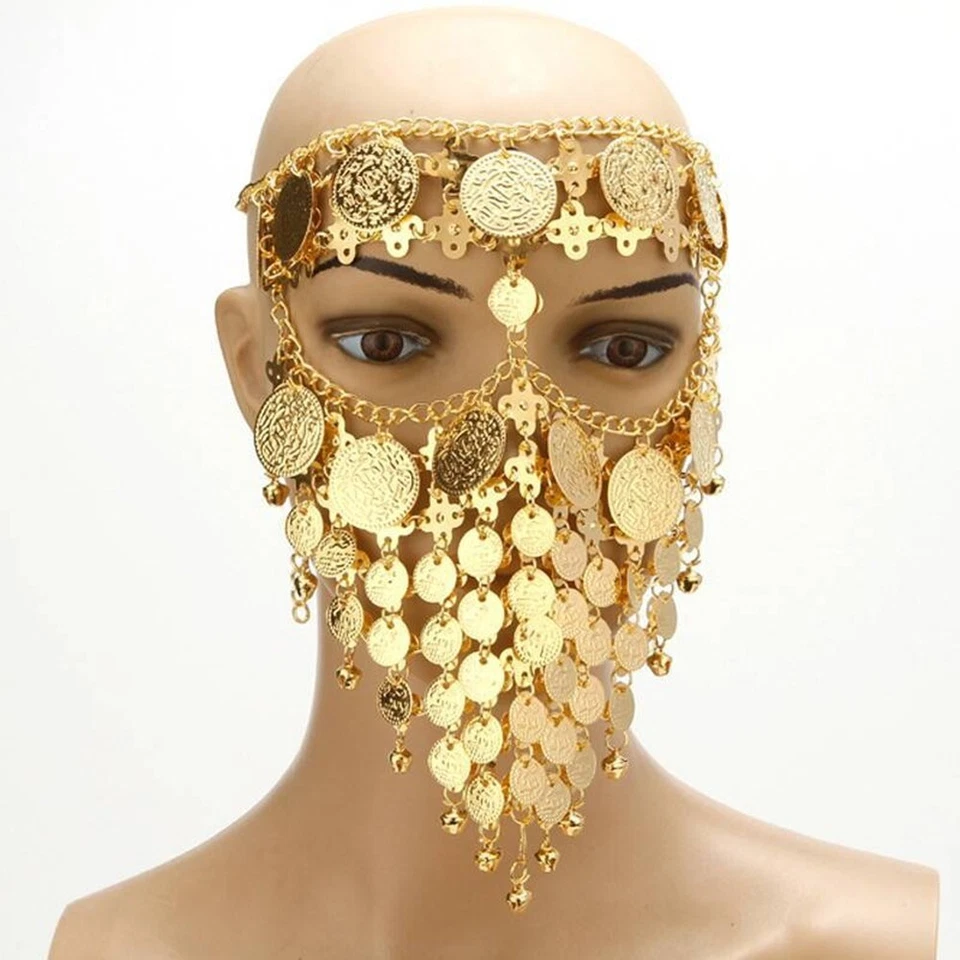 Indian Metal Gold Coins Chain Face Mask Belly Dance Metal Veil Head Jewelry - Image 4 of 4