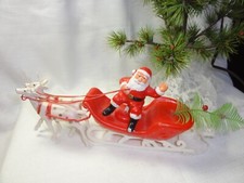 Vintage Red Plastic Santa Sleigh 2 Reindeer Foliage 50-60's