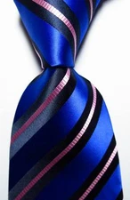 New Classic Striped Blue Black Pink JACQUARD WOVEN 100% Silk Men's Tie Necktie
