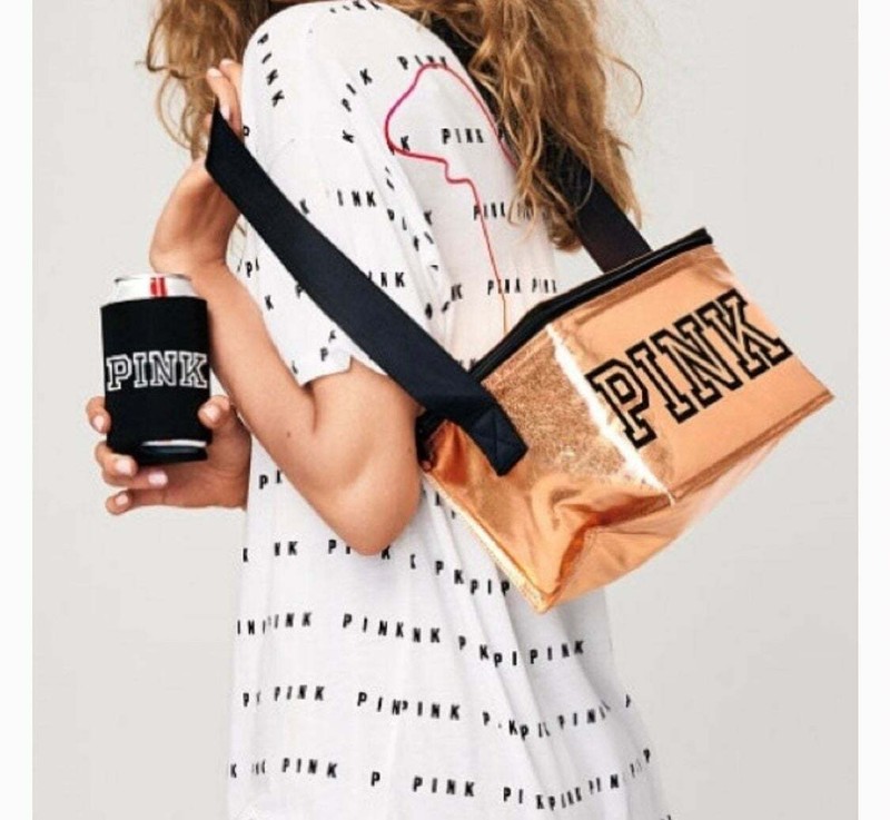 Victorias Secret PINK Gold Insulated Cooler & Coozie Tote Picnic Lunch Bag Nwt