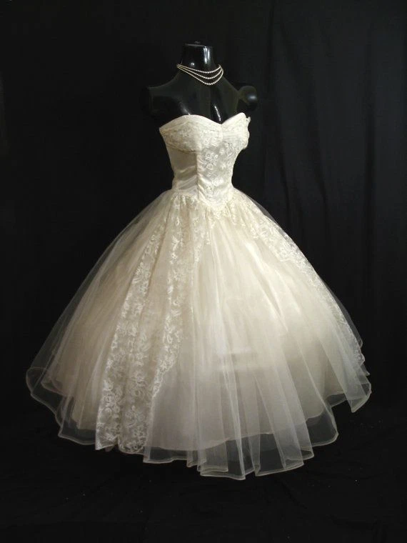 Vintage 1950s Short Wedding Dresses Strapless White Ivory Tea Length Bridal Gown - Image 2 of 4