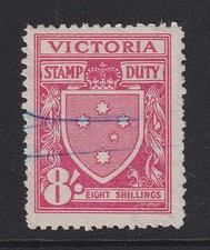 VICTORIA 1950-66: used 8/- carmine STAMP DUTY · Cr 3·68 · 2 images
