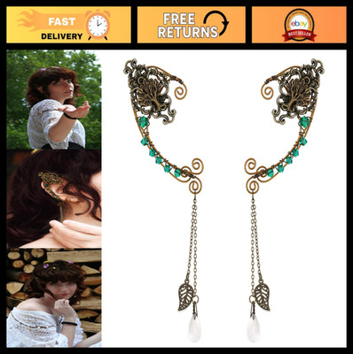 Handmade Vintage Fairy Elf Ear Cuffs - Antique Bronze Drop Dangling Clips for Wo
