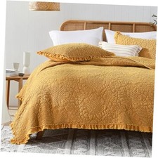 Ruffled Quilt Queen Size, Stone-Washed Microfiber Full/Queen 90"x 96" Yellow