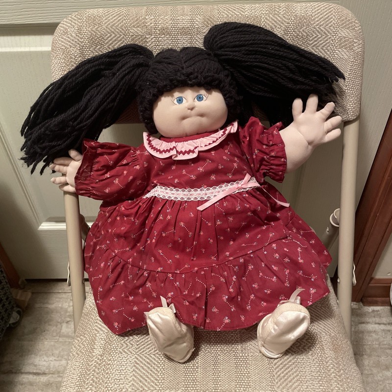 Vintage Soft Sculpture Handmade Doll Black Hair- Dress And Shoes