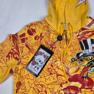 VINTAGE Ed Hardy by Christian Audigier NWT Yellow Zip Hoodie Death