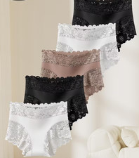 5 Pack Elegant Lace Trim Mid-Rise Panties Soft Stretchy Breathable Size L
