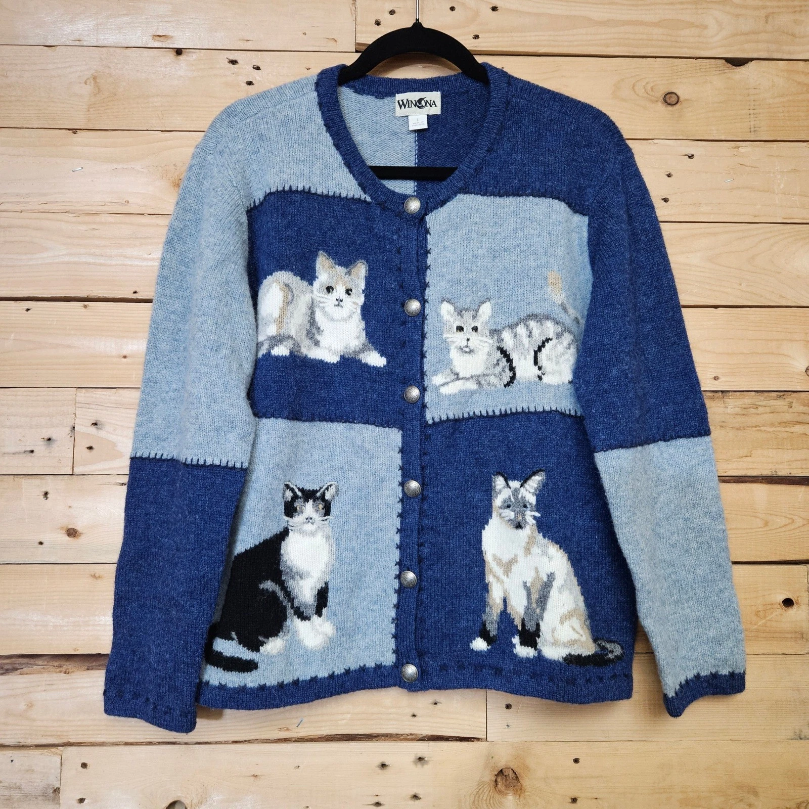 Winona Vintage Cat Wool Cardigan Sweater Blue Grey Patchwork Large
Opens in a new window or tab