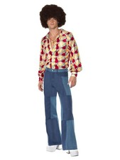 70er Jahre Retro Herren Disco Kostüm Hemd Denim-Hose Jeans Patchwork Bad Taste