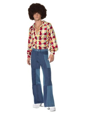 70er Jahre Retro Herren Disco Kostüm Hemd Denim-Hose Jeans Patchwork Bad Taste