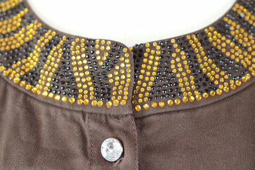 Quacker Factory Women's Denim Brown Jacket Large Black Gold Beads Button Up - Picture 2 of 5