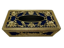 Vintage Tissue Box Cover Gold Ornate Plastic Cobalt Blue Velvet Glam Glamour