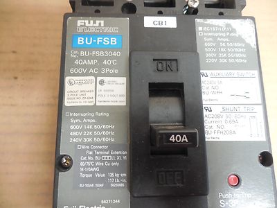FUJI AUX/SHUNT BREAKER BU-FSB3040 40A 40 A AMP 600Vac 3 POLE BU